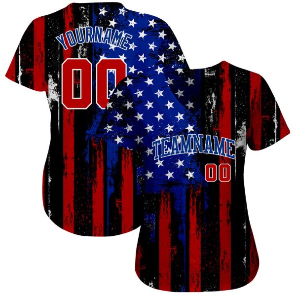 Custom Black Red Royal-White 3D Distressed American Flag Authentic Baseball Jersey - Image 2