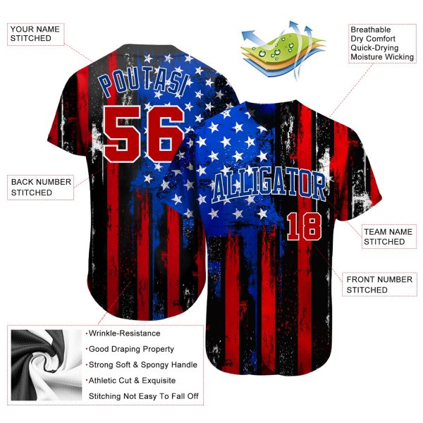 Custom Black Red Royal-White 3D Distressed American Flag Authentic Baseball Jersey - Image 3