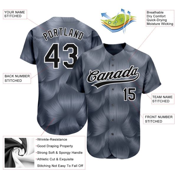 Custom Steel Gray Black-White 3D Pattern Design Authentic Baseball Jersey - Image 3
