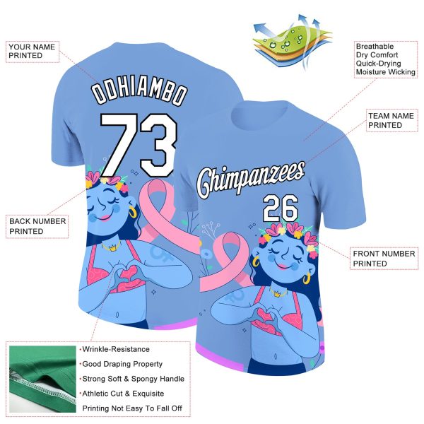 Custom Light Blue White-Black 3D Pink Ribbon Breast Cancer Performance T-Shirt - Image 2