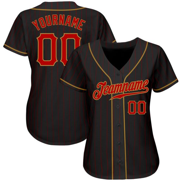 Custom Black Red Pinstripe Red-Old Gold Authentic Baseball Jersey - Image 2