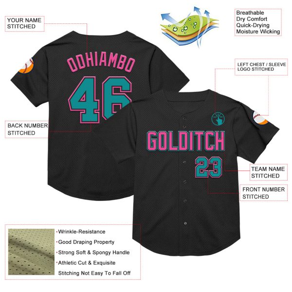 Custom Black Teal-Pink Mesh Authentic Throwback Baseball Jersey - Image 3