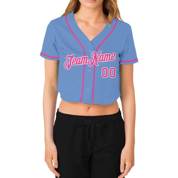 Custom Women's Light Blue Pink-White V-Neck Cropped Baseball Jersey - Image 2