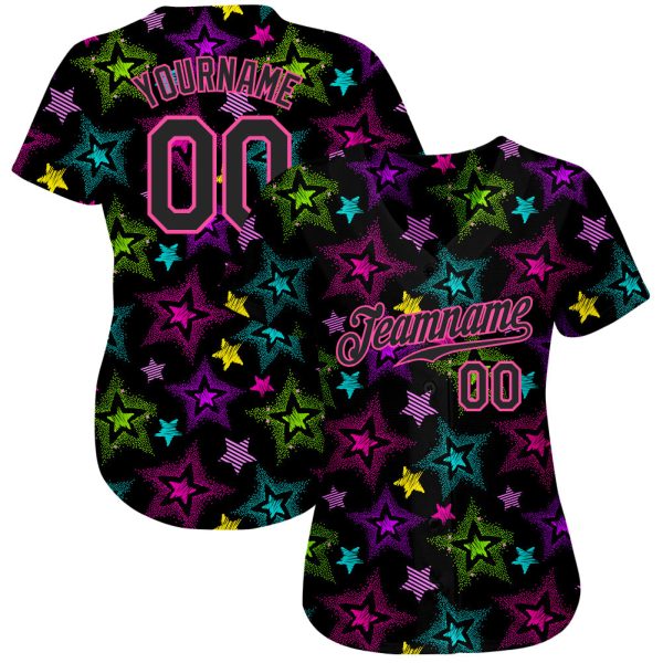 Custom Graffiti Pattern Black-Pink 3D Creative Colorful Stars Authentic Baseball Jersey - Image 2