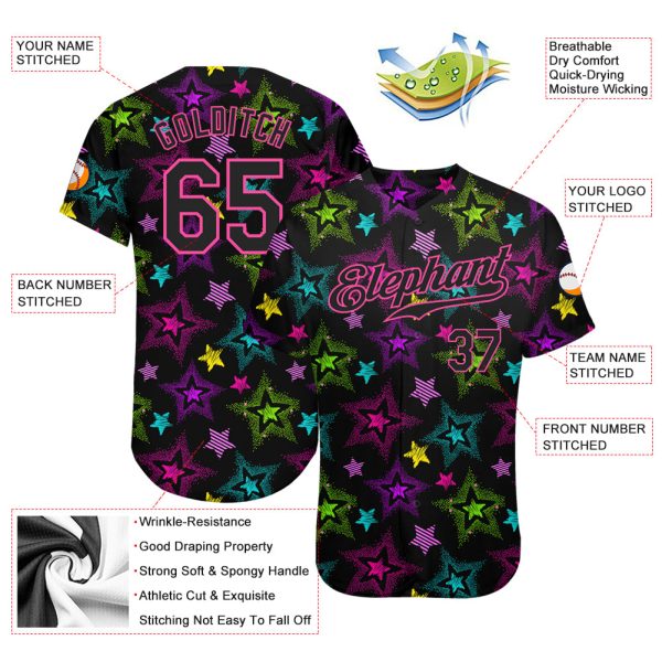 Custom Graffiti Pattern Black-Pink 3D Creative Colorful Stars Authentic Baseball Jersey - Image 3