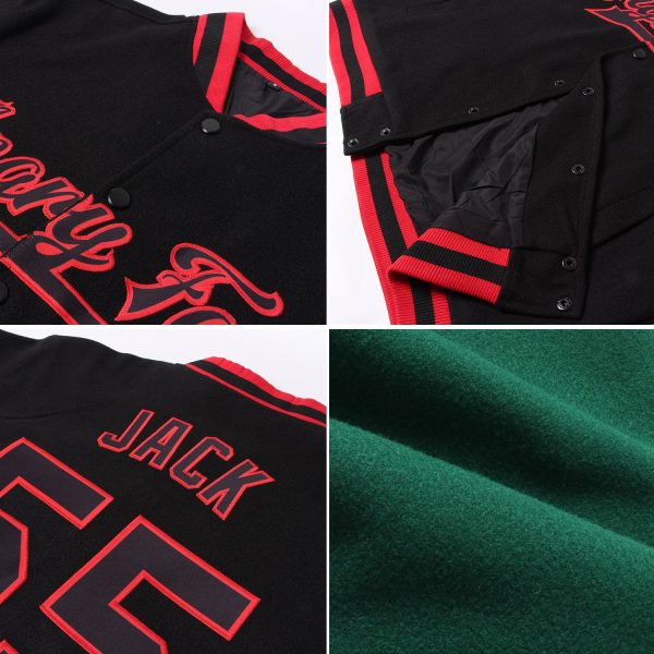 Custom Kelly Green Red-Black Bomber Full-Snap Varsity Letterman Jacket - Image 2