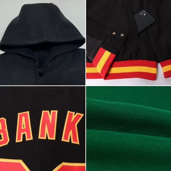Custom Kelly Green Red-Black Bomber Full-Snap Varsity Letterman Hoodie Jacket - Image 2