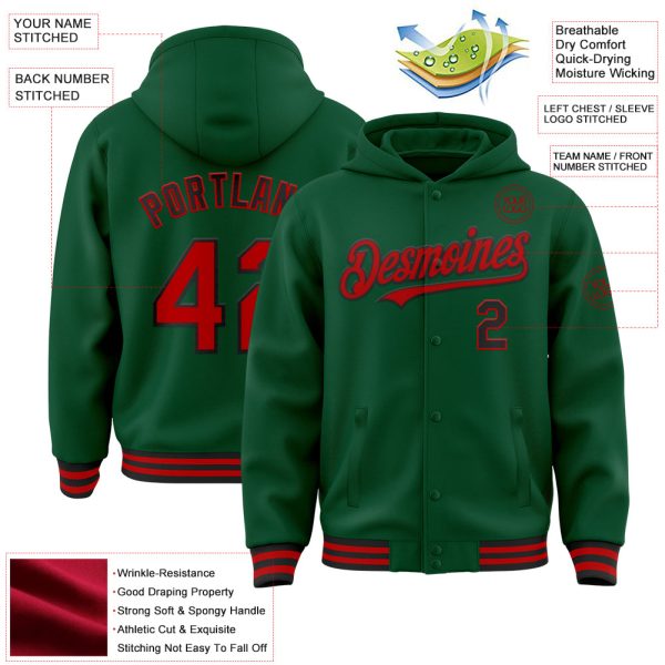 Custom Kelly Green Red-Black Bomber Full-Snap Varsity Letterman Hoodie Jacket - Image 3