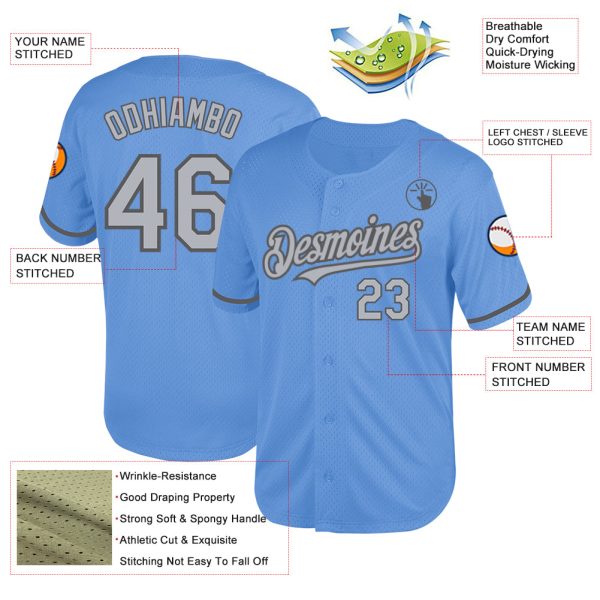 Custom Light Blue Gray-Steel Gray Mesh Authentic Throwback Baseball Jersey - Image 3