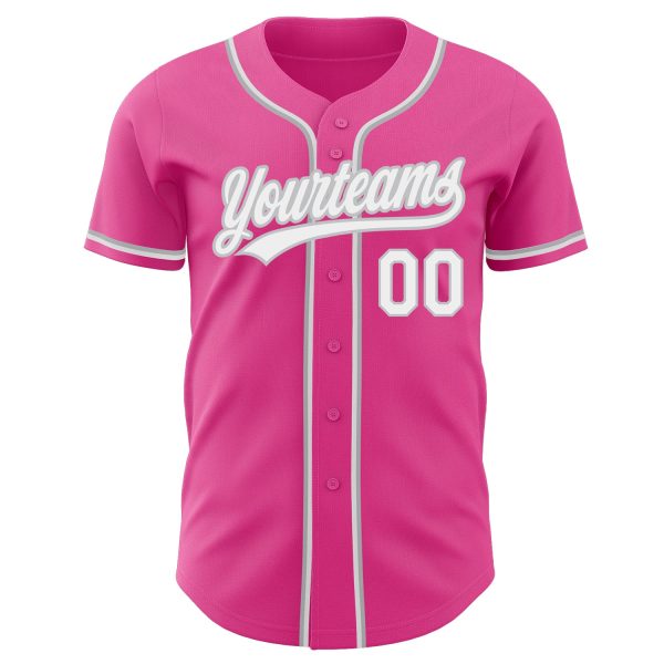 Custom Pink White-Gray Authentic Baseball Jersey - Image 2