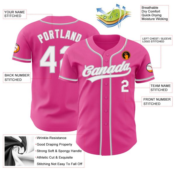 Custom Pink White-Gray Authentic Baseball Jersey - Image 3