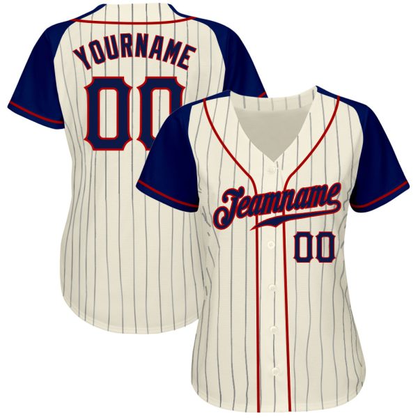 Custom Cream Navy Pinstripe Navy-Red Authentic Raglan Sleeves Baseball Jersey - Image 2