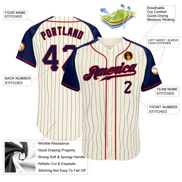 Custom Cream Navy Pinstripe Navy-Red Authentic Raglan Sleeves Baseball Jersey - Image 3