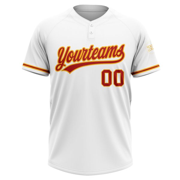 Custom White Red-Gold Two-Button Unisex Softball Jersey - Image 2