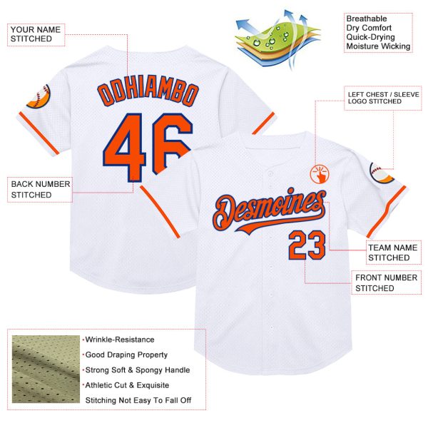 Custom White Orange-Royal Mesh Authentic Throwback Baseball Jersey - Image 3