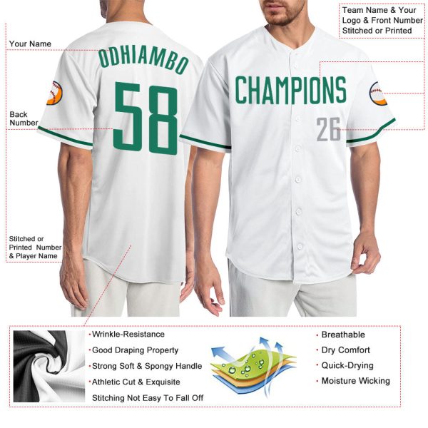 Custom White Kelly Green-Gray Authentic Baseball Jersey - Image 3