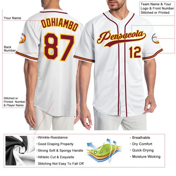 Custom White Crimson-Gold Authentic Baseball Jersey - Image 3